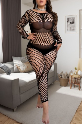 Sexy Solid Color Hollow Out See-Through Backless O Neck Plus Size Sleepwear