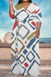 Casual Geometric Print Lace Up Contrast V Neck Printed Plus Size Dresses