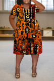 Casual Colorblock National Totem Print Pocket Contrast V Neck Printed Plus Size Dresses