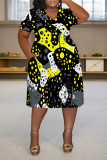 Casual Colorblock National Totem Print Pocket Contrast V Neck Printed Plus Size Dresses
