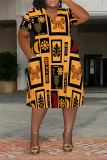 Casual Colorblock National Totem Print Pocket Contrast V Neck Printed Plus Size Dresses
