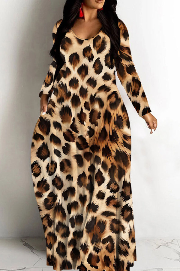 Casual Leopard Print Basic V Neck Long Dresses