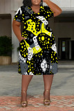 Casual Colorblock National Totem Print Pocket Contrast V Neck Printed Plus Size Dresses