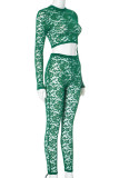Sexy Solid Color Lace Patchwork See-Through O Neck Long Sleeve Two Pieces