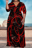 Casual Geometric Print Lace Up Contrast V Neck Printed Plus Size Dresses