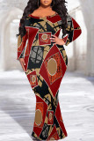 Sexy Colorblock Print Contrast Fishtail V Neck Printed Plus Size Dresses