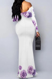 Sexy Flowers Print Ruffle Contrast Off Shoulder Long Dresses