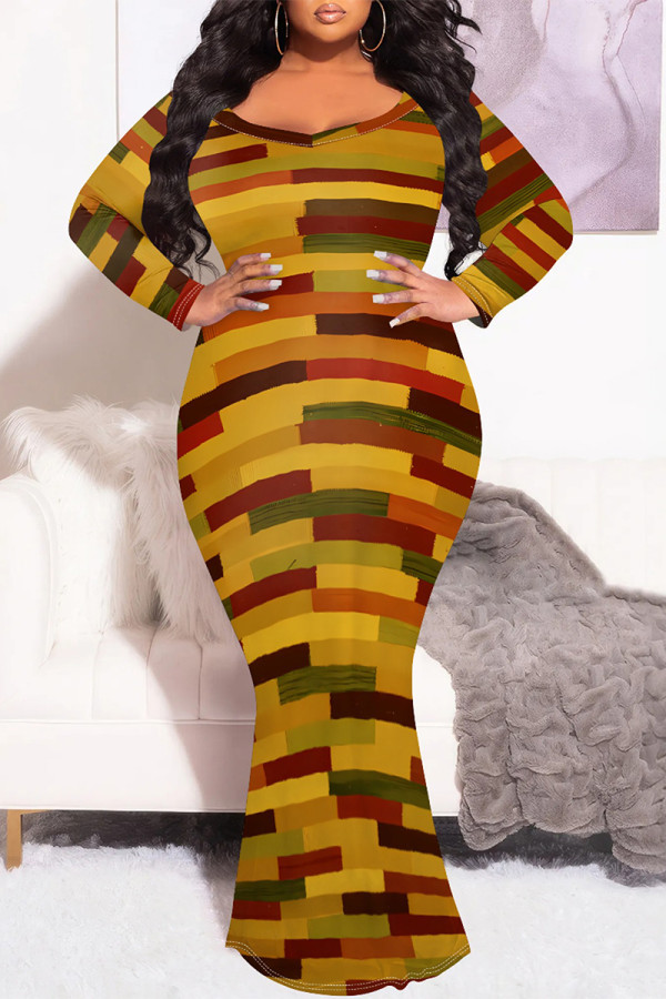 Sexy Colorblock Print Contrast Fishtail V Neck Printed Plus Size Dresses