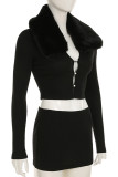 Sexy Solid Color Hollow Out Patchwork Slit Turndown Collar Long Sleeve Two Pieces