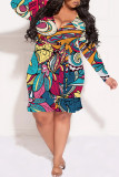 Sexy Street Floral Print Lace Up Ruffle Contrast V Neck Printed Plus Size Dresses