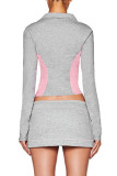 Casual Draw String Patchwork Contrast V Neck Long Sleeve Two Pieces