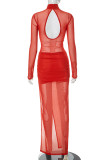 Elegant Solid Color Patchwork High Slit O Neck Long Dresses