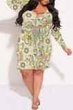 Sexy Street Floral Print Lace Up Ruffle Contrast V Neck Printed Plus Size Dresses