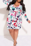 Sexy Street Floral Print Lace Up Ruffle Contrast V Neck Printed Plus Size Dresses