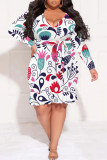 Sexy Street Floral Print Lace Up Ruffle Contrast V Neck Printed Plus Size Dresses