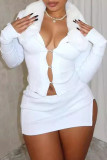 Sexy Solid Color Hollow Out Patchwork Slit Turndown Collar Long Sleeve Two Pieces