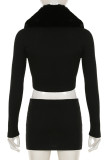 Sexy Solid Color Hollow Out Patchwork Slit Turndown Collar Long Sleeve Two Pieces