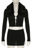 Sexy Solid Color Hollow Out Patchwork Slit Turndown Collar Long Sleeve Two Pieces