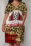 Casual Party Plaid Leopard Print Snowflakes Christmas Tree Print Pocket Contrast V Neck Printed Plus Size Dresses