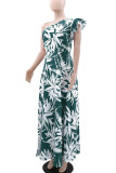 Elegant Print Patchwork High Slit Ruffled Trim Oblique Collar Long Dresses