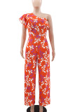 Casual Print Patchwork Ruffled Trim Oblique Collar Loose Jumpsuits