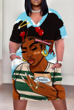 Casual Street Cartoon Print Pocket Contrast V Neck Printed Plus Size Dresses