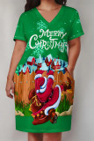Casual Party Plaid Leopard Print Snowflakes Christmas Tree Print Pocket Contrast V Neck Printed Plus Size Dresses