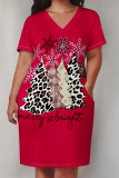 Casual Party Plaid Leopard Print Snowflakes Christmas Tree Print Pocket Contrast V Neck Printed Plus Size Dresses