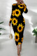 Casual Print Patchwork O Neck Wrapped Skirt Dresses