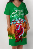 Casual Party Plaid Leopard Print Snowflakes Christmas Tree Print Pocket Contrast V Neck Printed Plus Size Dresses