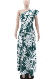 Elegant Print Patchwork High Slit Ruffled Trim Oblique Collar Long Dresses