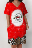 Casual Party Plaid Leopard Print Snowflakes Christmas Tree Print Pocket Contrast V Neck Printed Plus Size Dresses