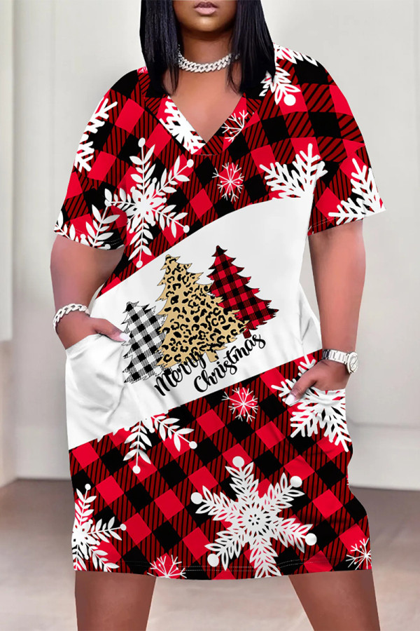 Casual Party Plaid Leopard Print Snowflakes Christmas Tree Print Pocket Contrast V Neck Printed Plus Size Dresses
