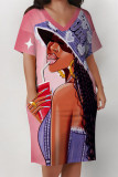 Casual Street Cartoon Print Pocket Contrast V Neck Printed Plus Size Dresses