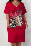 Casual Party Plaid Leopard Print Snowflakes Christmas Tree Print Pocket Contrast V Neck Printed Plus Size Dresses