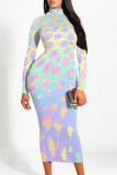 Elegant Gradient Print Contrast Half A Turtleneck Printed Dresses