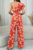 Casual Print Patchwork Ruffled Trim Oblique Collar Loose Jumpsuits