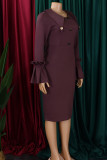 Elegant Solid Color Buttons Patchwork V Neck Wrapped Skirt Dresses