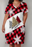 Casual Party Plaid Leopard Print Snowflakes Christmas Tree Print Pocket Contrast V Neck Printed Plus Size Dresses
