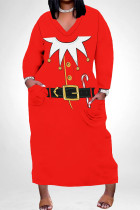 Casual Party Santa Claus Print Pocket Contrast V Neck Plus Size Dresses