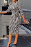 Casual Print Slit With Belt O Neck One Step Skirt Dresses