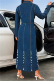 Casual Solid Color Buttons Slit Beading Turndown Collar High Waist Fitted Denim Dresses
