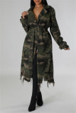 Casual Camouflage Print Ripped Buttons With Belt Turndown Collar Outerwear