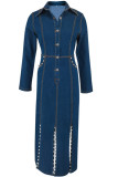 Casual Solid Color Buttons Slit Beading Turndown Collar High Waist Fitted Denim Dresses