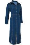 Casual Solid Color Buttons Slit Beading Turndown Collar High Waist Fitted Denim Dresses