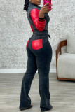 Casual Pocket Buckle Patchwork Contrast Turndown Collar Long Sleeve Two Pieces