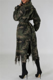 Casual Camouflage Print Ripped Buttons With Belt Turndown Collar Outerwear