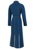Casual Solid Color Buttons Slit Beading Turndown Collar High Waist Fitted Denim Dresses