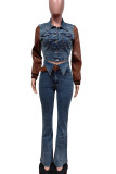 Casual Pocket Buckle Patchwork Contrast Turndown Collar Long Sleeve Two Pieces