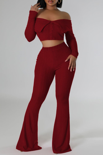 Casual Solid Color Patchwork Off Shoulder Long Sleeve Two Pieces